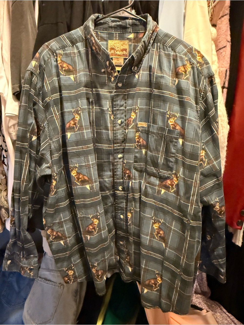 Vintage Blue and Brown Plaid Shirt with Deer Patch